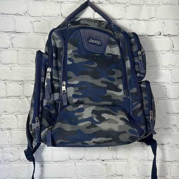 Jeep Blue Camo Camoflauge Hiking Backpack Multiple Pockets Well Loved Unique - Picture 1 of 13
